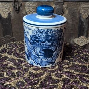 Vintage Blue and White Ceramic Jar with Lid
